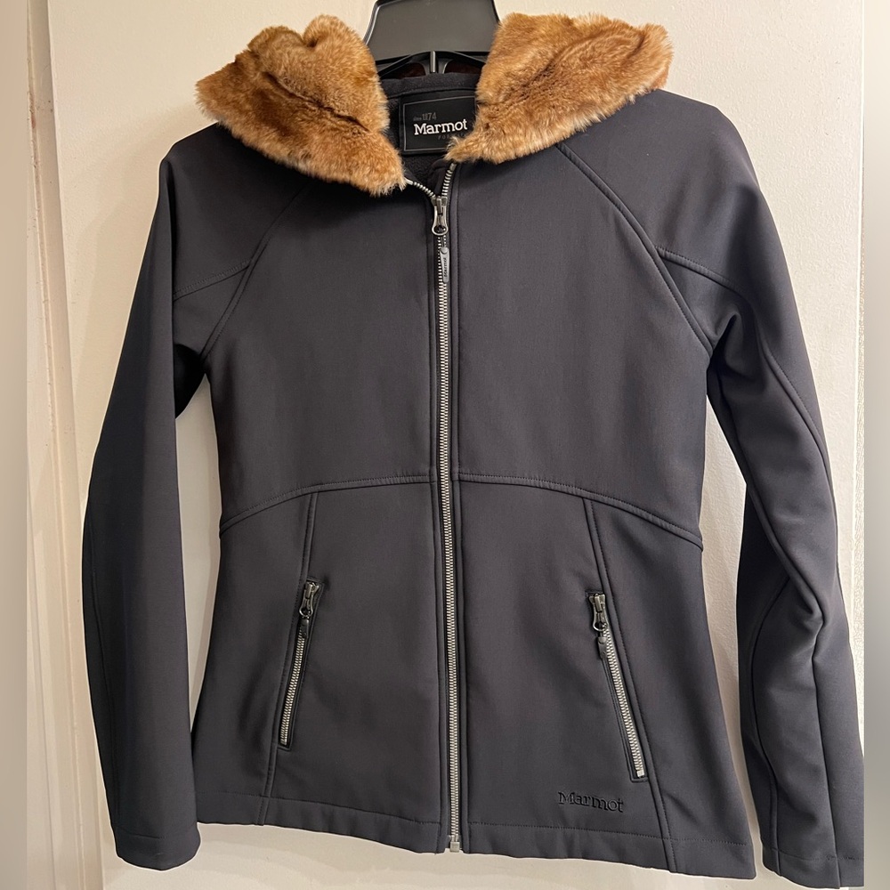 Marmot Charcoal, Furlong Soft-shell Jacket with Faux Fur Hood
